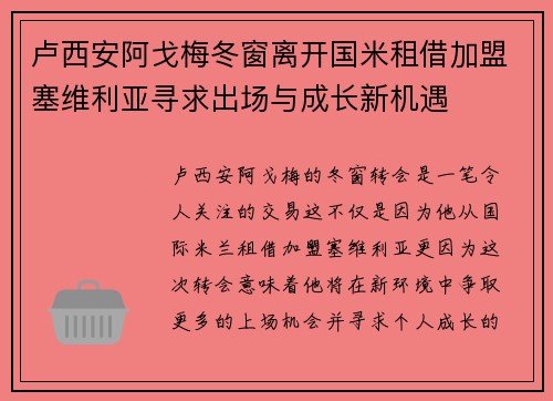 卢西安阿戈梅冬窗离开国米租借加盟塞维利亚寻求出场与成长新机遇