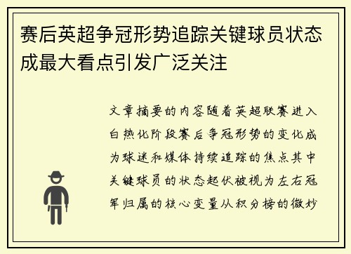 赛后英超争冠形势追踪关键球员状态成最大看点引发广泛关注